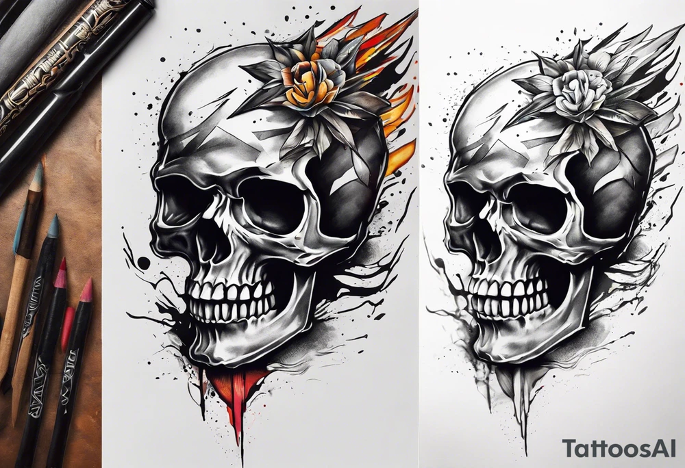 Design a tattoo concept that features a skull breaking free from censorship, symbolizing the fight for freedom of expression. The skull should be positioned on the neck, with bold lines and vibrant colors to represent the struggle against oppression. tattoo idea
