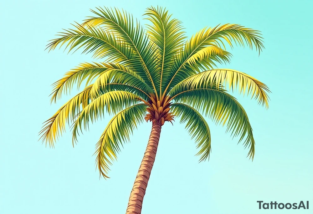 A tall, slender palm tree with a textured sandy-brown trunk and wide, vibrant green fronds gently arching outward, set against a clear turquoise sky with golden sunlight highlighting the leaf edges. tattoo idea