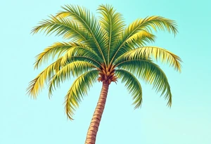 A tall, slender palm tree with a textured sandy-brown trunk and wide, vibrant green fronds gently arching outward, set against a clear turquoise sky with golden sunlight highlighting the leaf edges. tattoo idea