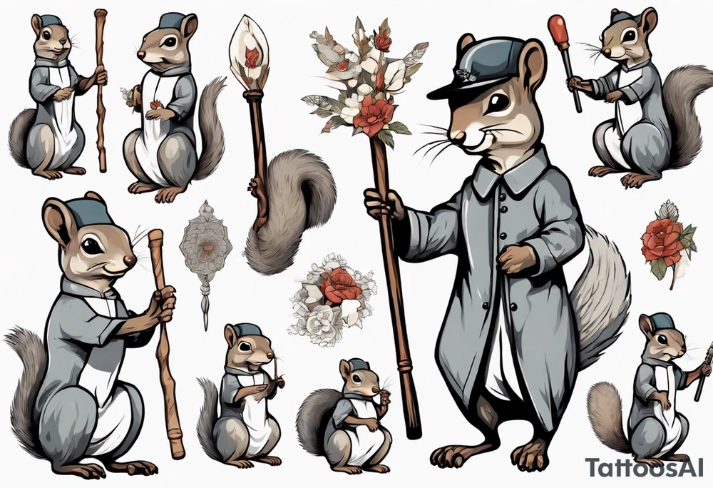 a grey squirrel dressed in a tunic holding a large white stick tattoo idea
