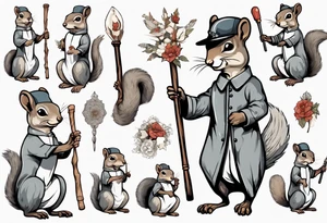 a grey squirrel dressed in a tunic holding a large white stick tattoo idea
