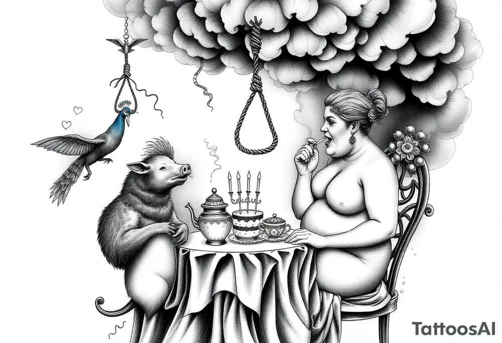 Storm clouds gothic sexy naked fat lady having a tea party with tea pots and 
with a pig, peacock, noose, lion, goat, smoking cigerettes looking in the mirror having sex with a man eating a cake thru storm clouds with razor blades and broken hearts and darkness and wrath, envy , gluttony, greed, sloth, pride kill tattoo idea