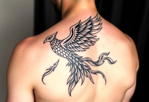 large majestic phoenix trailing with flames on an arm tattoo idea