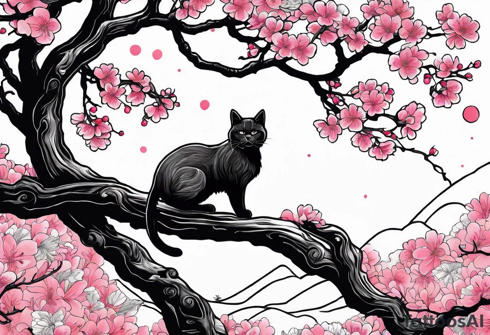 elongated cherry blossom branch meeting with a dying pine tree with hidden cute demon cat tattoo idea