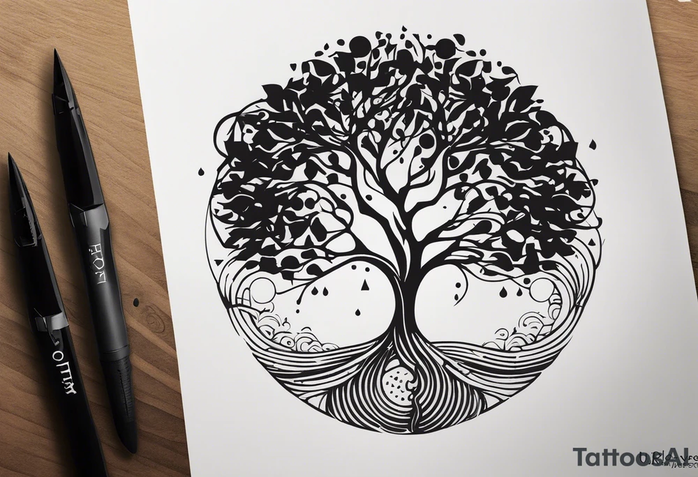 A tattoo design that incorporates the following elements: an abstract tree of life that has roots emerging  from the ground. Waves of water encapsulate the tree and wind around it in an organic way.  Incorporate music.   the letters U and A are overlapping and engraved into the tree. a golf ball incorporated but not prominent. tattoo idea