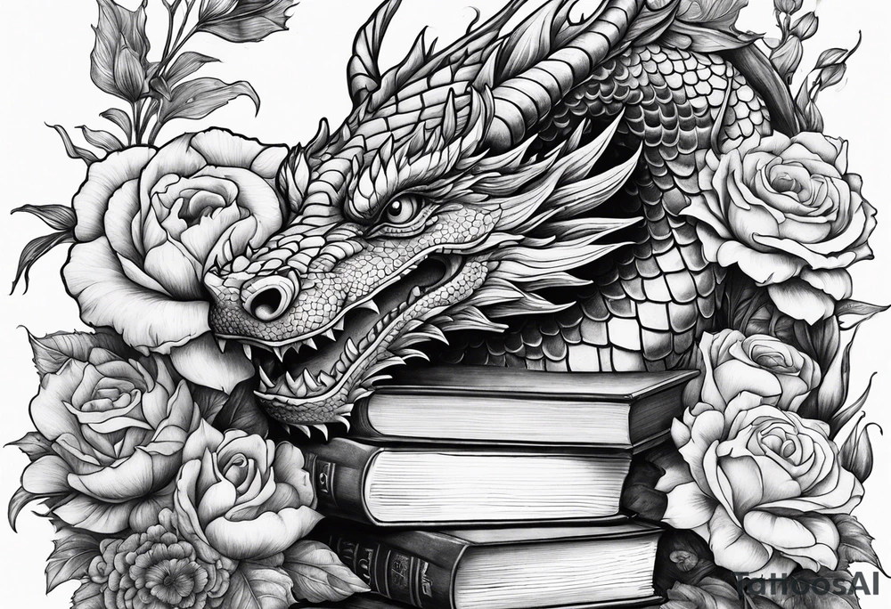 Dragon stack of books flowers tattoo idea