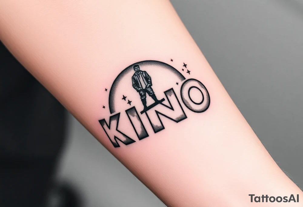 Forearm tattoo of the words kino central with graphic design of the galaxy behind it with stars in the background of the design with a man standing over top of the N in the word kino tattoo idea