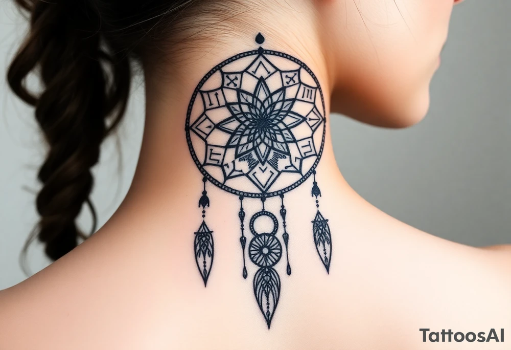 Dreamcatcher with zodiac symbols and protection runes caught in it with wolf teal tattoo idea