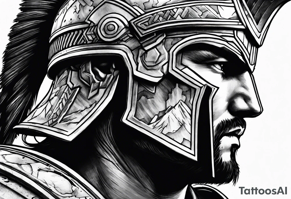close of of spartan solider looking at distant ruins tattoo idea
