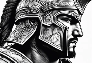 close of of spartan solider looking at distant ruins tattoo idea