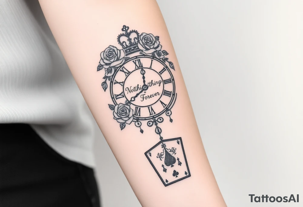Roman clock with roses and a crown, a quote that says nothings forever. and on the bottom a deck of cards tattoo idea