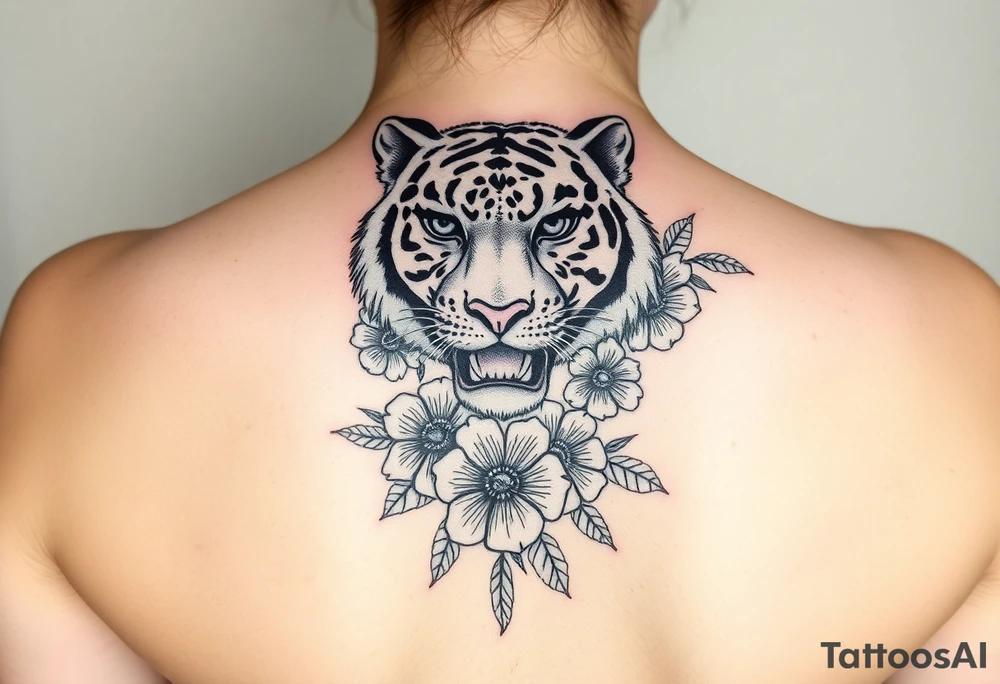 a whole tiger with some flowers around it tattoo idea