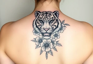 a whole tiger with some flowers around it tattoo idea