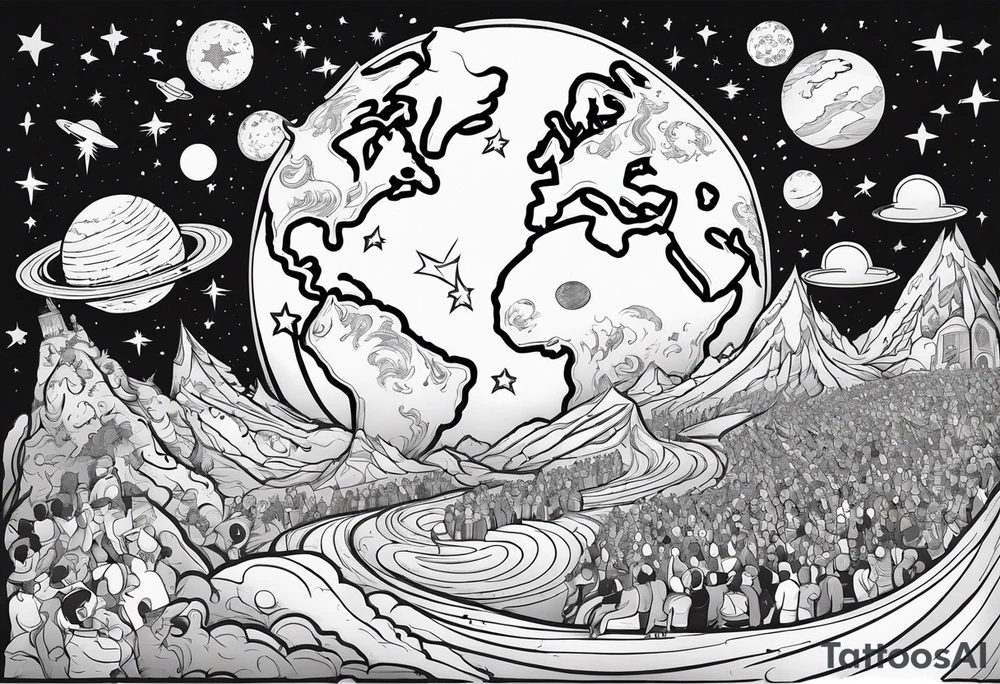 Crowd with hands up popping out of earth in space with throne of God in space tattoo idea