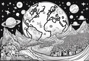 Crowd with hands up popping out of earth in space with throne of God in space tattoo idea