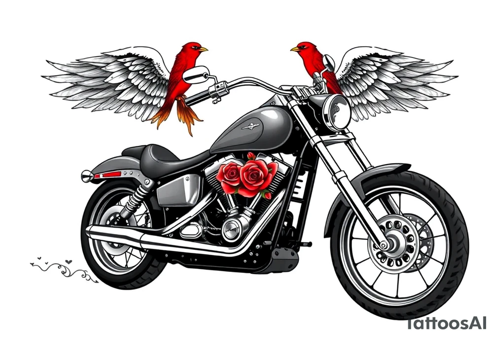 Harley grey motorcycle driving away, two red birds flying, roses, flames, angel wings tattoo idea