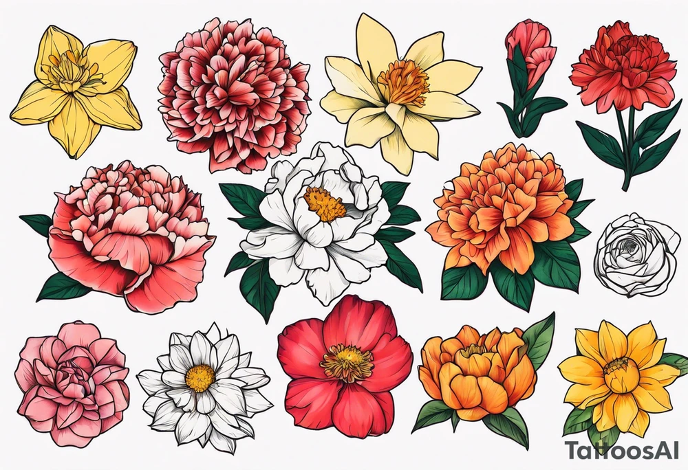 8 flowers:carnation daffodil rose peony daphnee dahlia desiree daisy tattoo idea