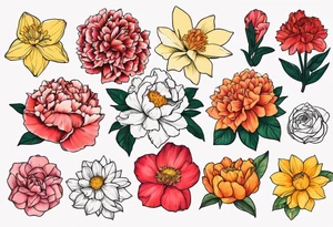 8 flowers:carnation daffodil rose peony daphnee dahlia desiree daisy tattoo idea