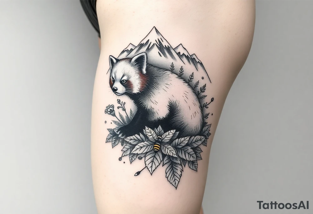can you generate a Realistic black and grey tattoo design for a woman's left thigh, wrapping from the front to the outer thigh. Detailed red panda as the focal point, realistic fur, high contrast shading, mountains in the background, flowing waves, wild swimming elements, woodland leaves connecting the composition. Hidden initials B and S. Subtle references to magic, honey and bees, heroic symbolism, and music. Elegant feminine tattoo composition, professional tattoo flash artwork, black and grey realism, highly detailed. tattoo idea