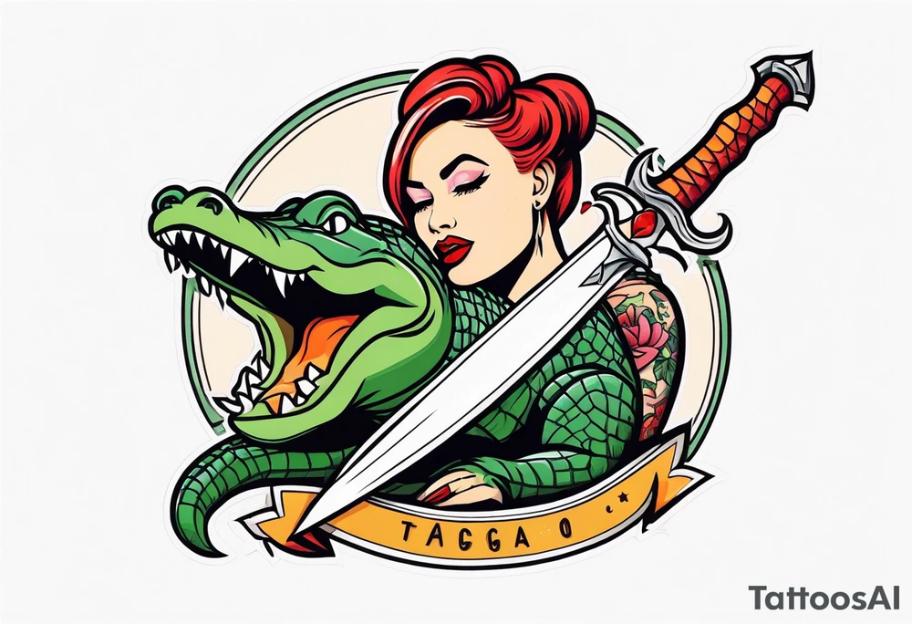 Dagger with an alligator and topless pinup girl tattoo idea