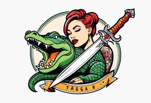 Dagger with an alligator and topless pinup girl tattoo idea