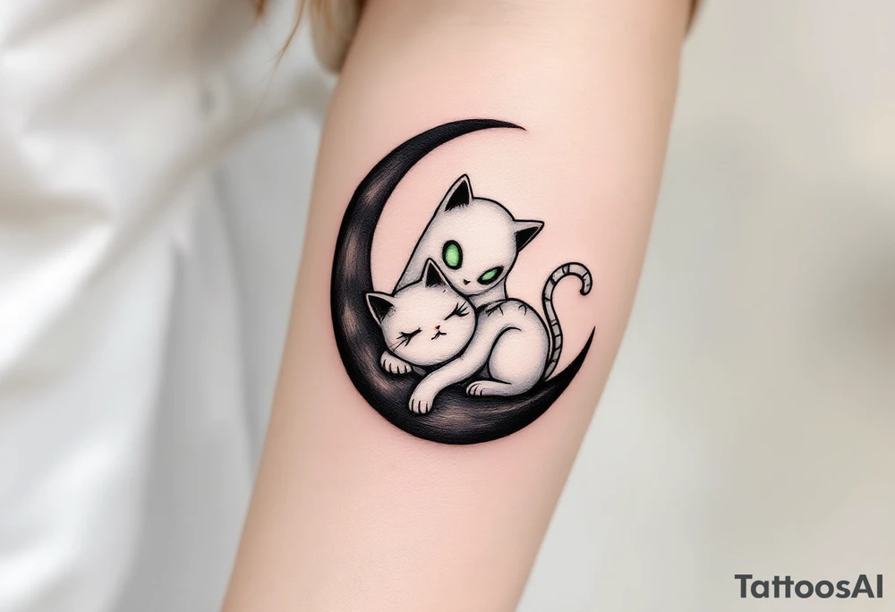 Tim Burton’s ghost and stitched cat glows faintly white with sunken green eyes, curled on a black crescent moon. tattoo idea