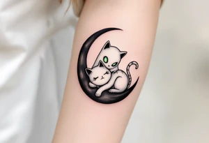 Tim Burton’s ghost and stitched cat glows faintly white with sunken green eyes, curled on a black crescent moon. tattoo idea