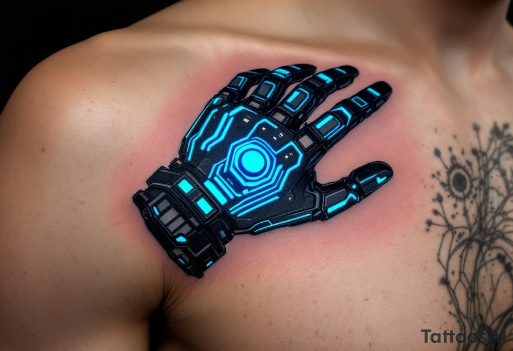 A futuristic robotic glove illusion in matte black and cobalt blue, with neon green circuit tracings. tattoo idea