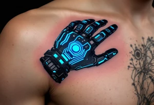 A futuristic robotic glove illusion in matte black and cobalt blue, with neon green circuit tracings. tattoo idea