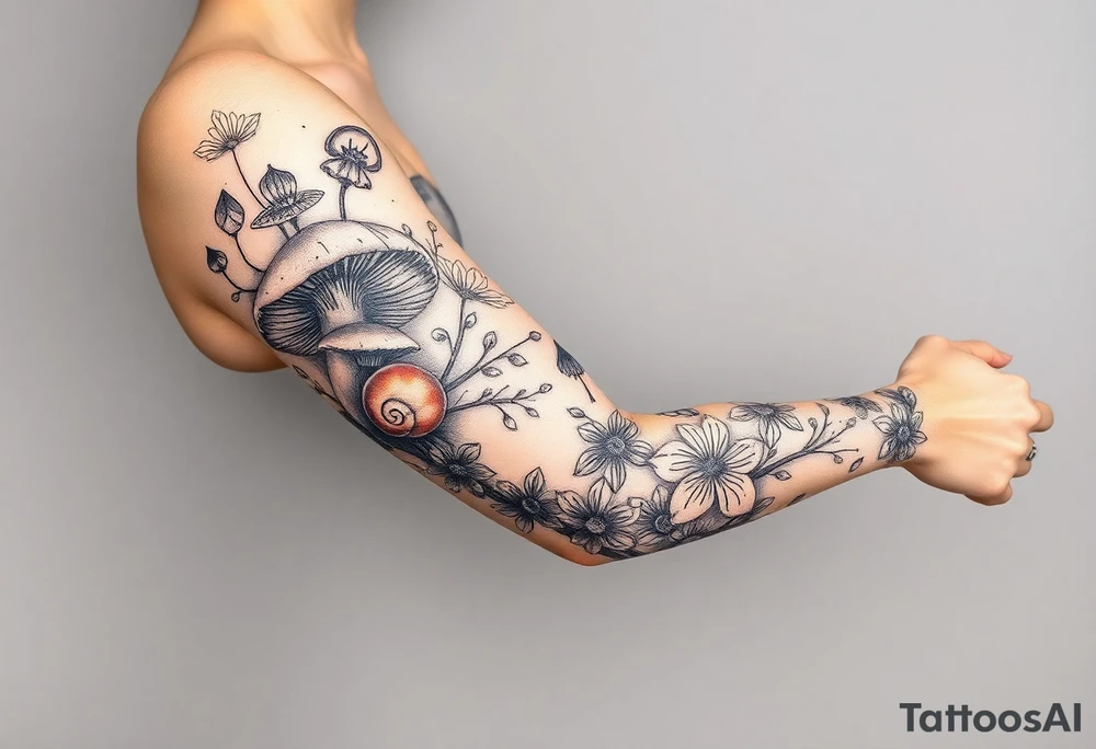 Fall themed sleeve with mushrooms, a snail, some falling leaves off tree branches, falling rain, and fall themed flowers as background filler tattoo idea