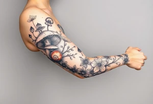 Fall themed sleeve with mushrooms, a snail, some falling leaves off tree branches, falling rain, and fall themed flowers as background filler tattoo idea