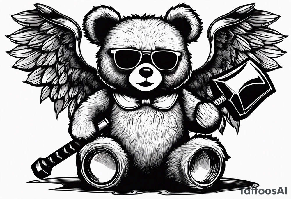 Teddy bear with wings wearing big sunglasses holding a sledgehammer tattoo idea
