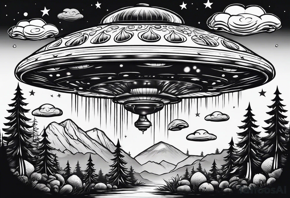 small ufo in sky above mushrooms and trees tattoo idea