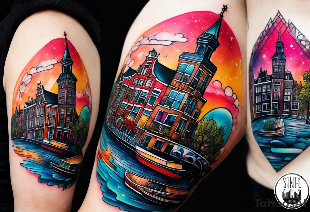 Tattoo of animals in Amsterdam featuring Amsterdam buildings and canal in galaxy colours featuring glass tattoo idea