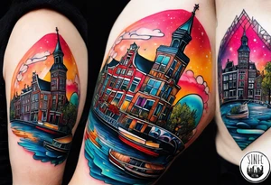 Tattoo of animals in Amsterdam featuring Amsterdam buildings and canal in galaxy colours featuring glass tattoo idea