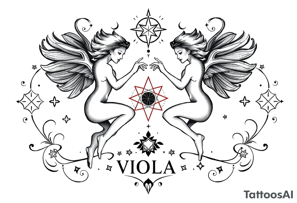 Gemini zodiac stars constellation with sacred geometry and cosmic elements with my name VIOLA In it tattoo idea