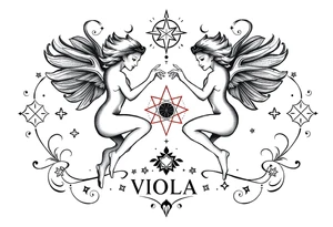Gemini zodiac stars constellation with sacred geometry and cosmic elements with my name VIOLA In it tattoo idea