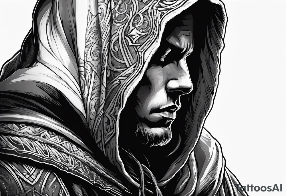 Hooded figure with shaded face carrying staff and wearing a long torn cloak tattoo idea