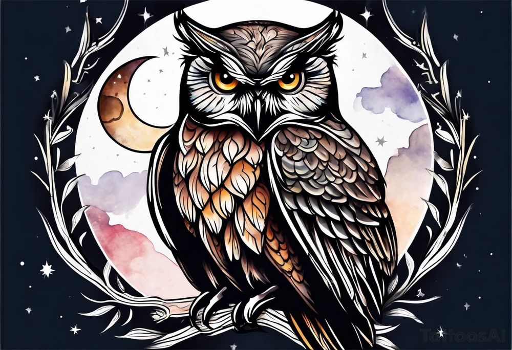 Owl and moon tattoo idea
