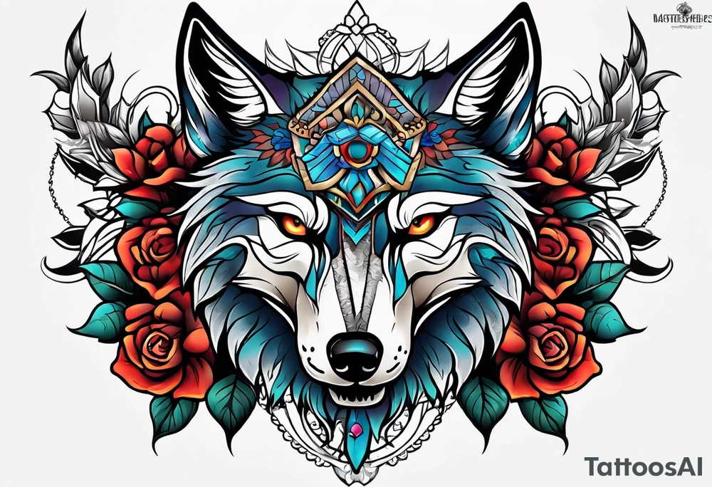 Neo traditional wolf skull tattoo idea