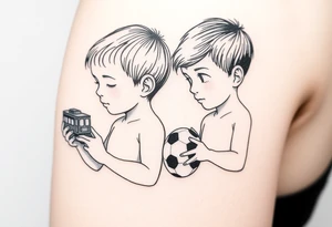 two small boys with a small train toy and a small football toy. tattoo idea