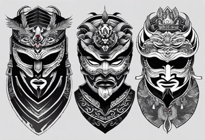 hanya mask on the shoulder, mask from ghost of Tsushima, hanya mask with three eyes, mask symbol of freedom and calmness tattoo idea