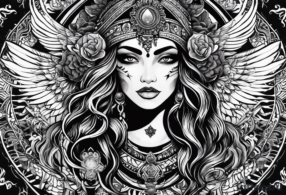 black kali, goddess pirate, alien, angel, pachamama, valkrye, warrior, flying, skull, lotus azul, wing, eagle, zenza resonance, stars, 5D, anahata chakra tattoo idea