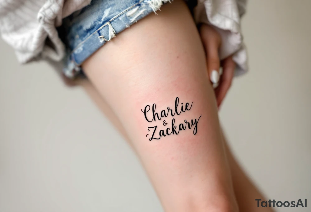 Create a delicate tattoo design that seamlessly integrates the names "Charlie" and "Zackary" in graceful, flowing cursive. Enclose the names within a softly stylized symbol that embodies strength and unity . The overall design should evoke warmth and protection while remaining refined and understated tattoo idea