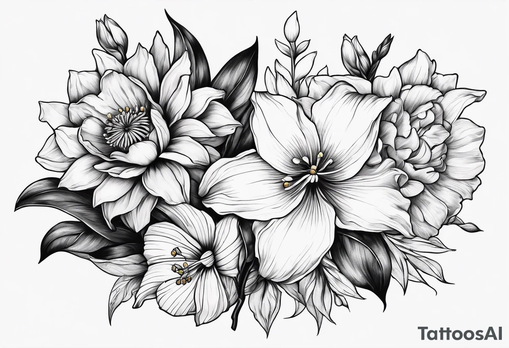 Minimalist Two roses, two daisies, one daffodil, one chrysanthemum, one gladiolus, one lily of the valley tattoo idea