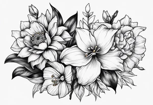 Minimalist Two roses, two daisies, one daffodil, one chrysanthemum, one gladiolus, one lily of the valley tattoo idea