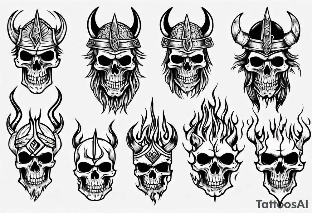 Skeleton Viking head flames tattoo idea