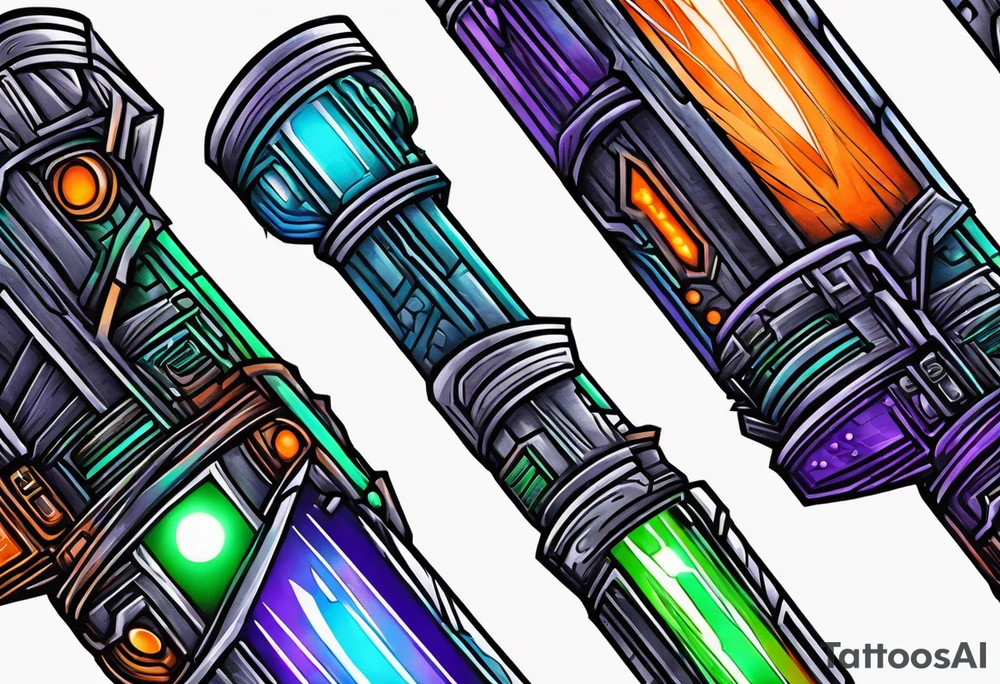 blue lightsaber, green lightsaber, orange lightsaber, purple lightsaber tattoo idea