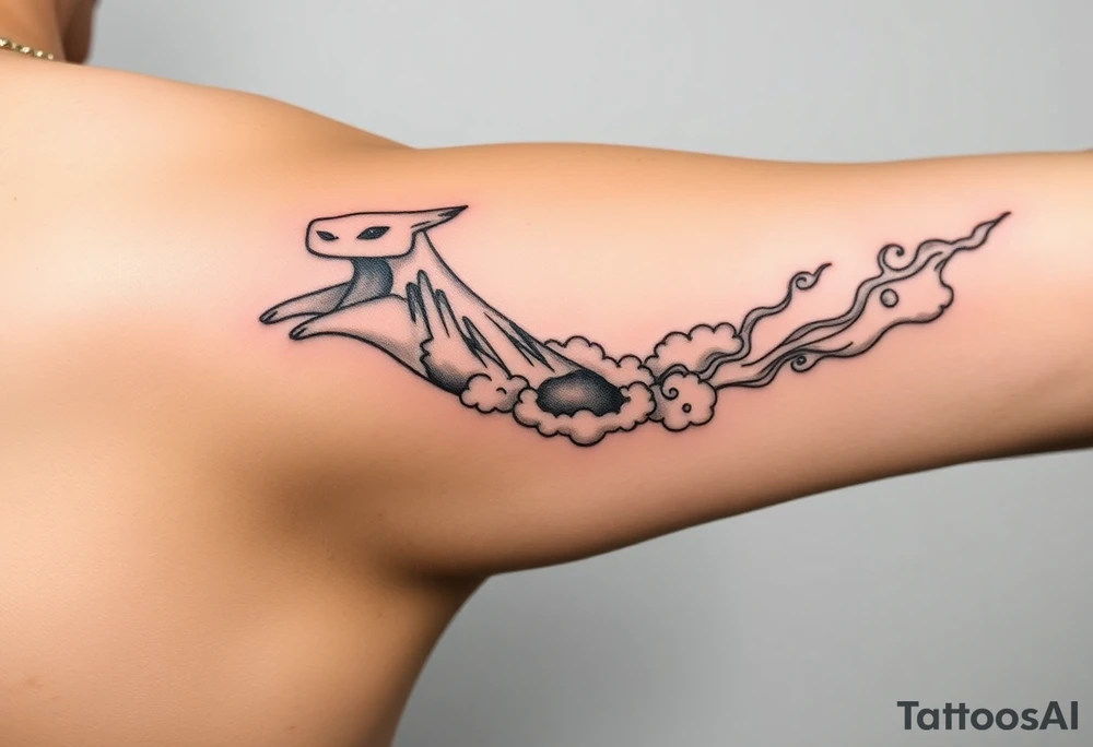 Appa (from Avatar the last airbender) flying in an arc across the upper arm.
-The sky/cloud shapes change as Appa passes over each “region”:
-mountain/clouds shaped like Ohio
-breezy, swirl-like clouds, open sky
-rolling wave-like forms, maybe trees dripping into the clouds
-sharper, flame-styled cloud edges or skyline with spark texture
-Trailing behind Appa: the element symbols (from Avatar the last airbender)  in order of earth, air, fire water, like a sky trail.
-SpongeBob Easter Egg: A tiny jellyfish or bubble-blowing SpongeBob cloud tucked subtly into the scene. tattoo idea