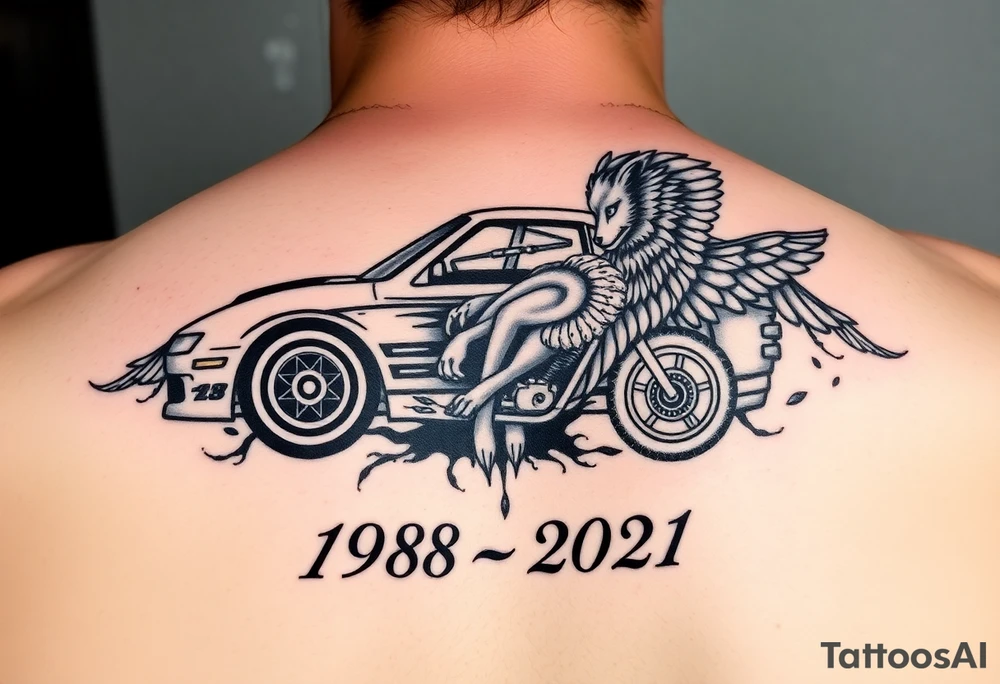 Dale Earnhardt car on it with the year 1958 - 2021 intertwined with a motorcycle on it with guardian angel wolves tattoo idea